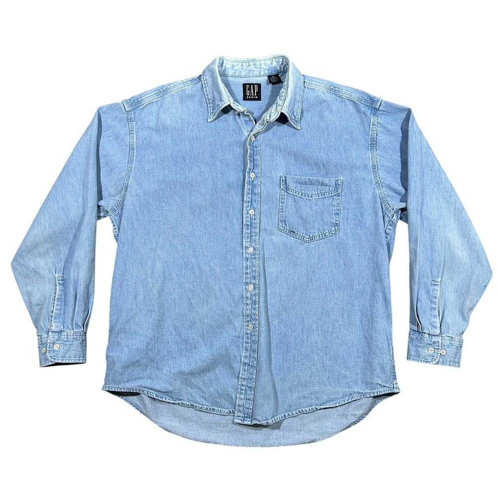 Vintage 90s GAP Denim Shirt Men’s XL Light Wash Jean Long Sleeve Button Up